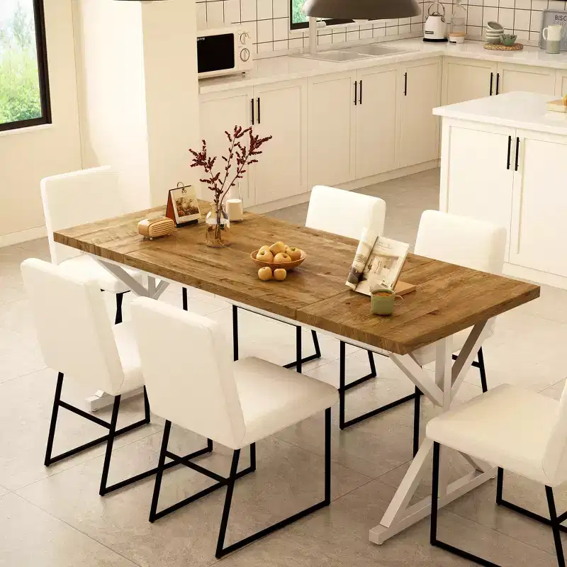 Vipbear Farmhouse Dining Table for 6 People,70.8 Inch Rectangular Wood Dining Table, Rustic Kitchen Table with Heavy Duty Metal Legs for Dining Room