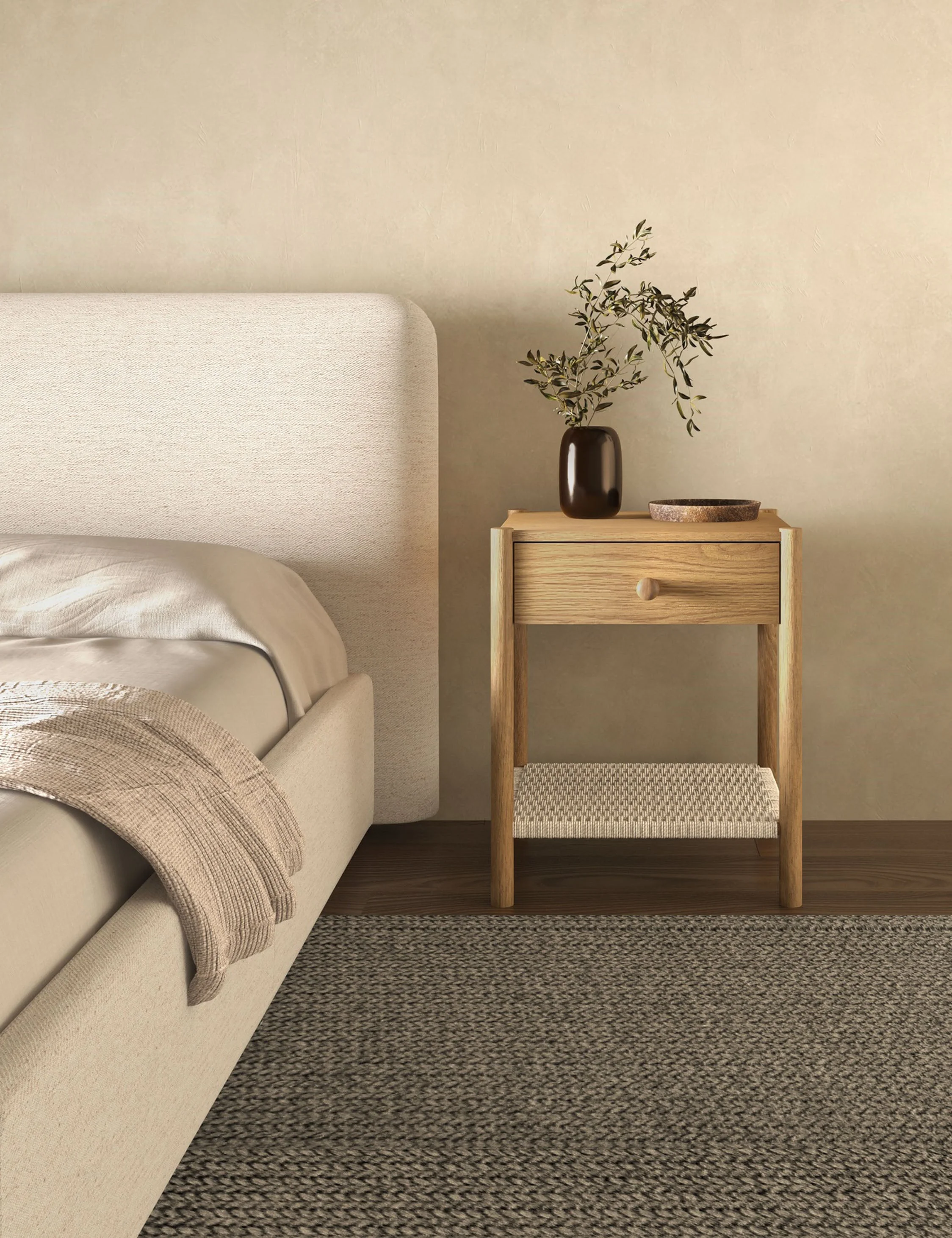 Nightstand - The nightstand offers an elevated take on natural texture with a handwoven paper rope shelf beneath a simple oak frame