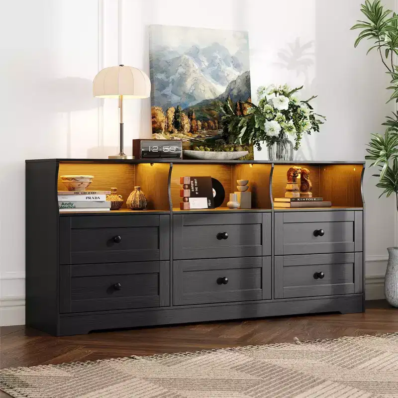 6-Drawer Dresser with RGB Lights & Power Outlet, Black / Gray / White