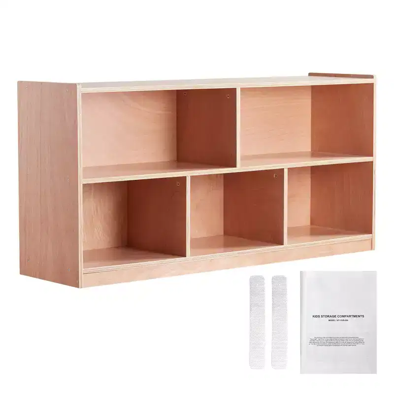 VEVOR Cubby Mobile Tray Storage Cabinet, 5-Compartment Cubby Storage Shelf, Cubby Storage Cabinet 2-shelf, Classroom Cubbies, Natural