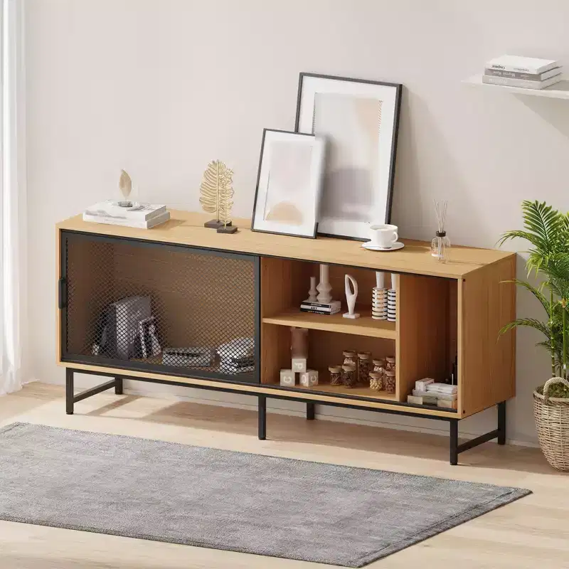 Modern TV Stand for TVs up to 65, 63'' Wooden Entertainment Center with Metal Mesh Sliding Door, Media Console Table for Living Room Bedroom