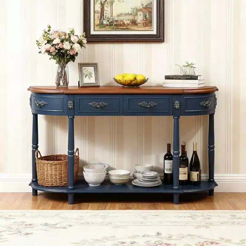 Retro Curved Pine Console Table, Open Shelf & 2 Drawers — Navy Blue & Brown