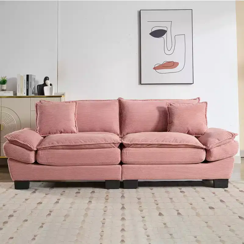 Corduroy Loveseat Upholstered Deep Seat Comfortable Sofa with Pillows for Bedroom Living Room Office Pink