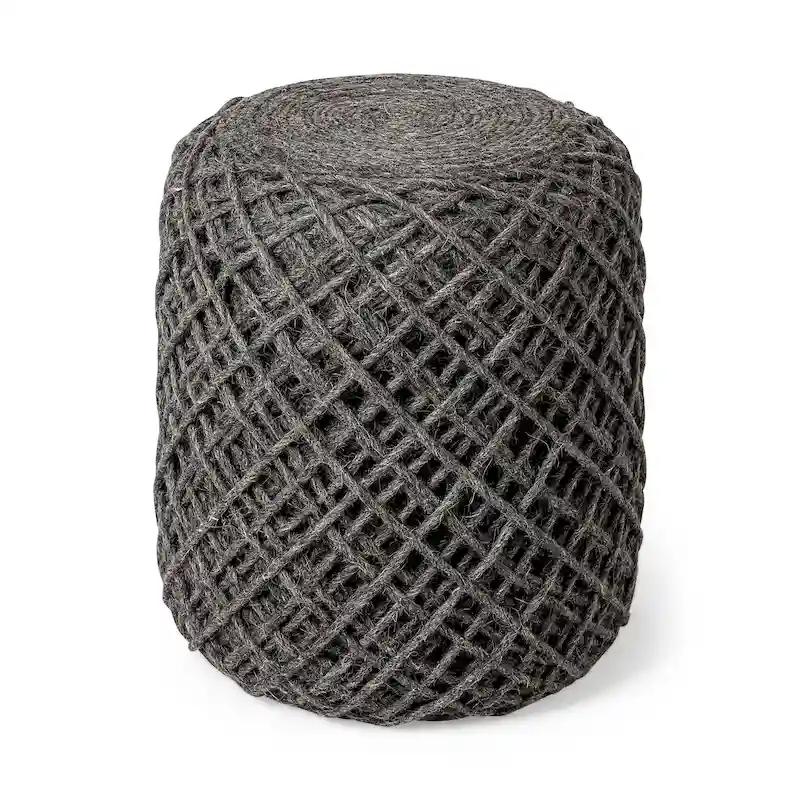 Handwoven Brown Wool Round Pouf with Diamond Weave Pattern