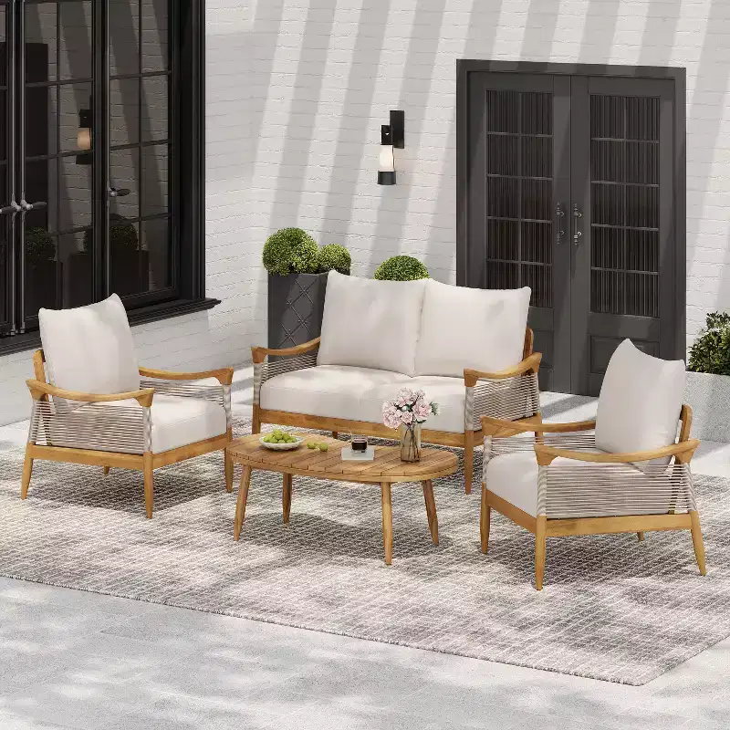 Christopher Knight Home Abell 4 Pieces Outdoor Woven Rope Acacia Wood Upholstered Seating Set