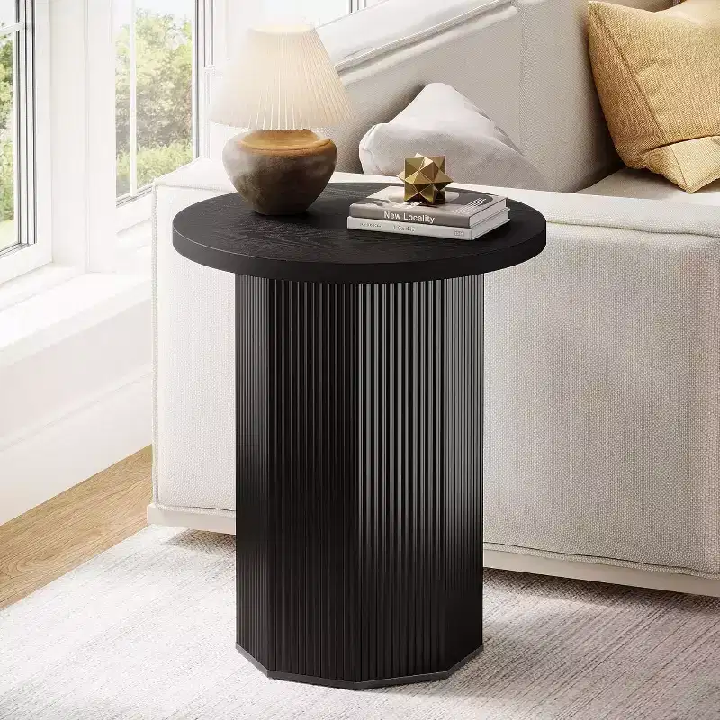 Round Farmhouse Pedestal End Table - Fluted Wood Nightstand & Drink Stand, Black, 19.7