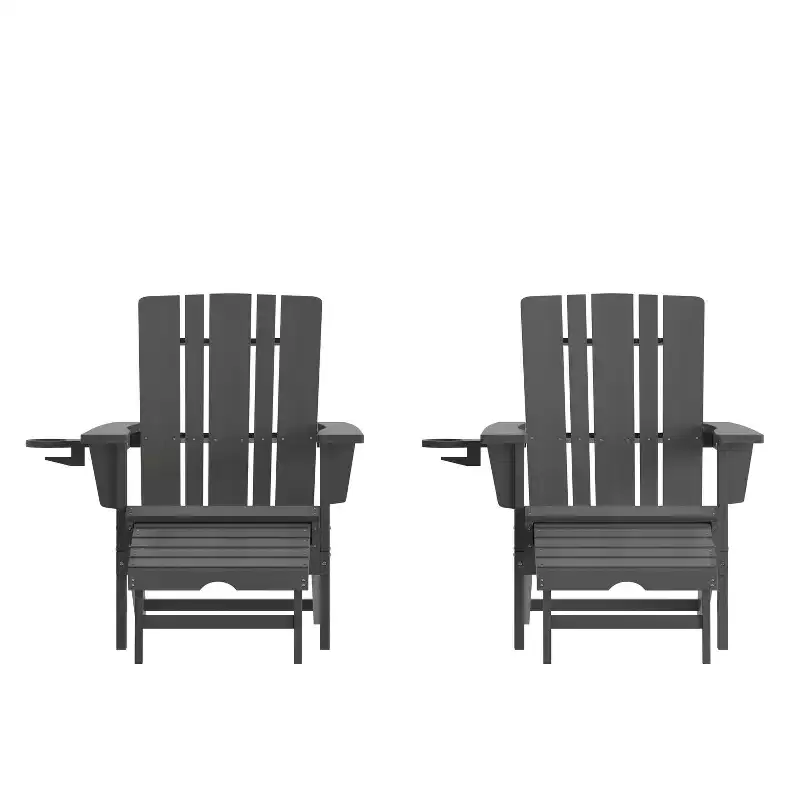 Flash Furniture Halifax HDPE Adirondack Chair with Cup Holder and Pull Out Ottoman, All-Weather HDPE Indoor/Outdoor Lounge Chair