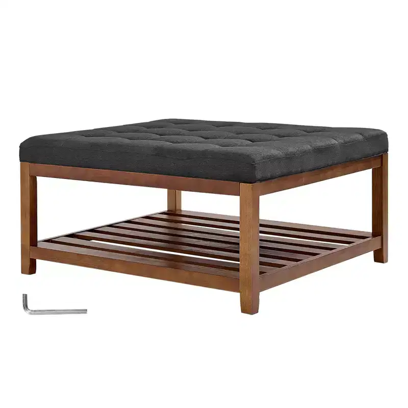 VEVOR Large Square Ottoman Coffee Table, 34.5 Inch Tufted Coffee Table with Solid Wood Shelf Storage, Linen Solid Upholstered, 400 LBS, Dark Gray