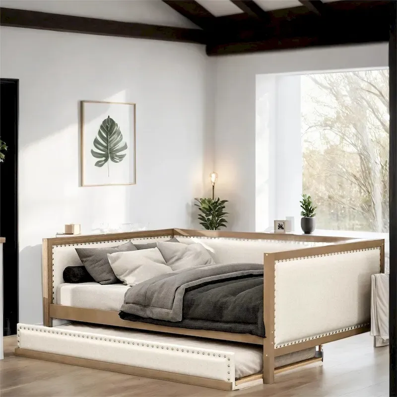 Full Size Linen Upholstered Daybed with Trundle and Nailhead