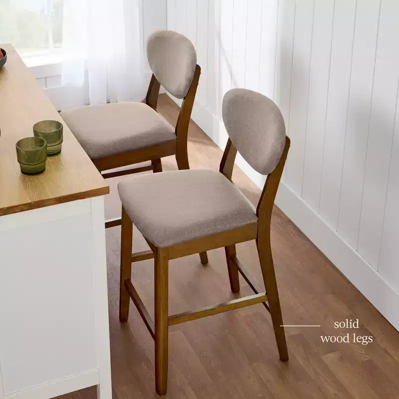 2-Piece Mid-Century Modern Wood and Upholstered Counter Height Bar Stool Set