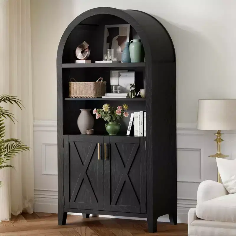 MAYEERTY 63 Arched Storage Cabinet Beech Wood Door 5 Tier Bookcase