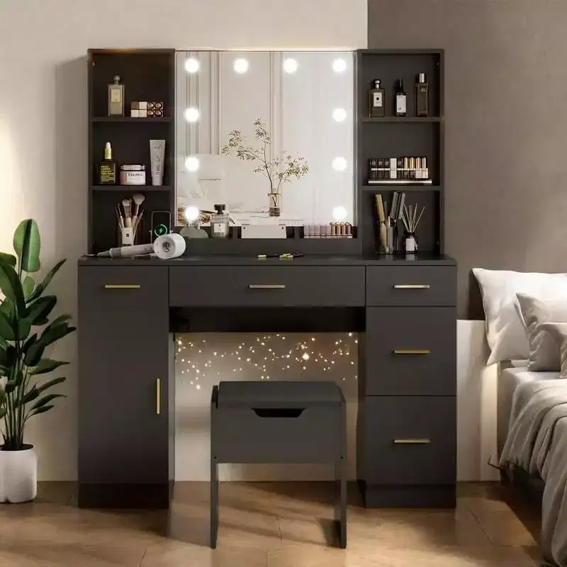 Garvee 56''Makeup Vanity Desk with Mirror,Modern Dressing Table with Drawers & Adjustable Shelves, Makeup Table Set with Cushioned Stool for Bedroom