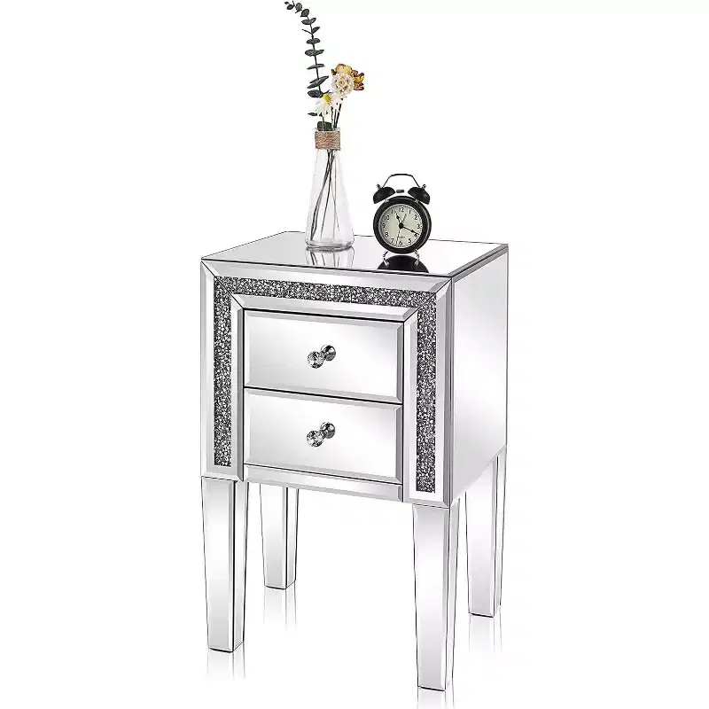 Mirror Nightstand with Drawer, Silver Mirrored Glass End Table, Crushed Diamond Glitter
