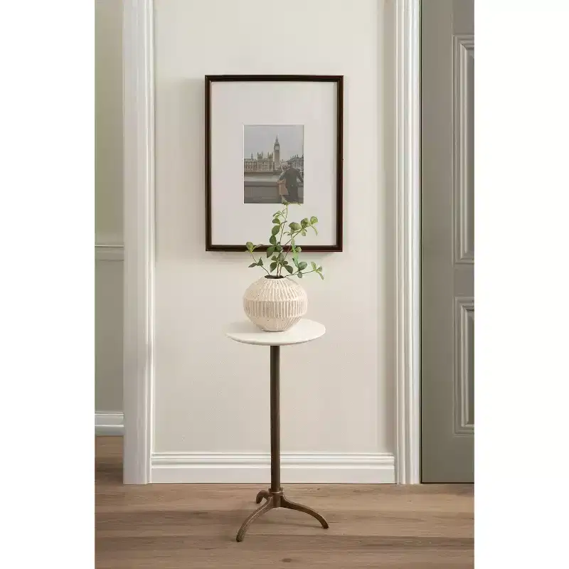 Marble and Metal Round Side Table, White and Bronze, 12x12x24