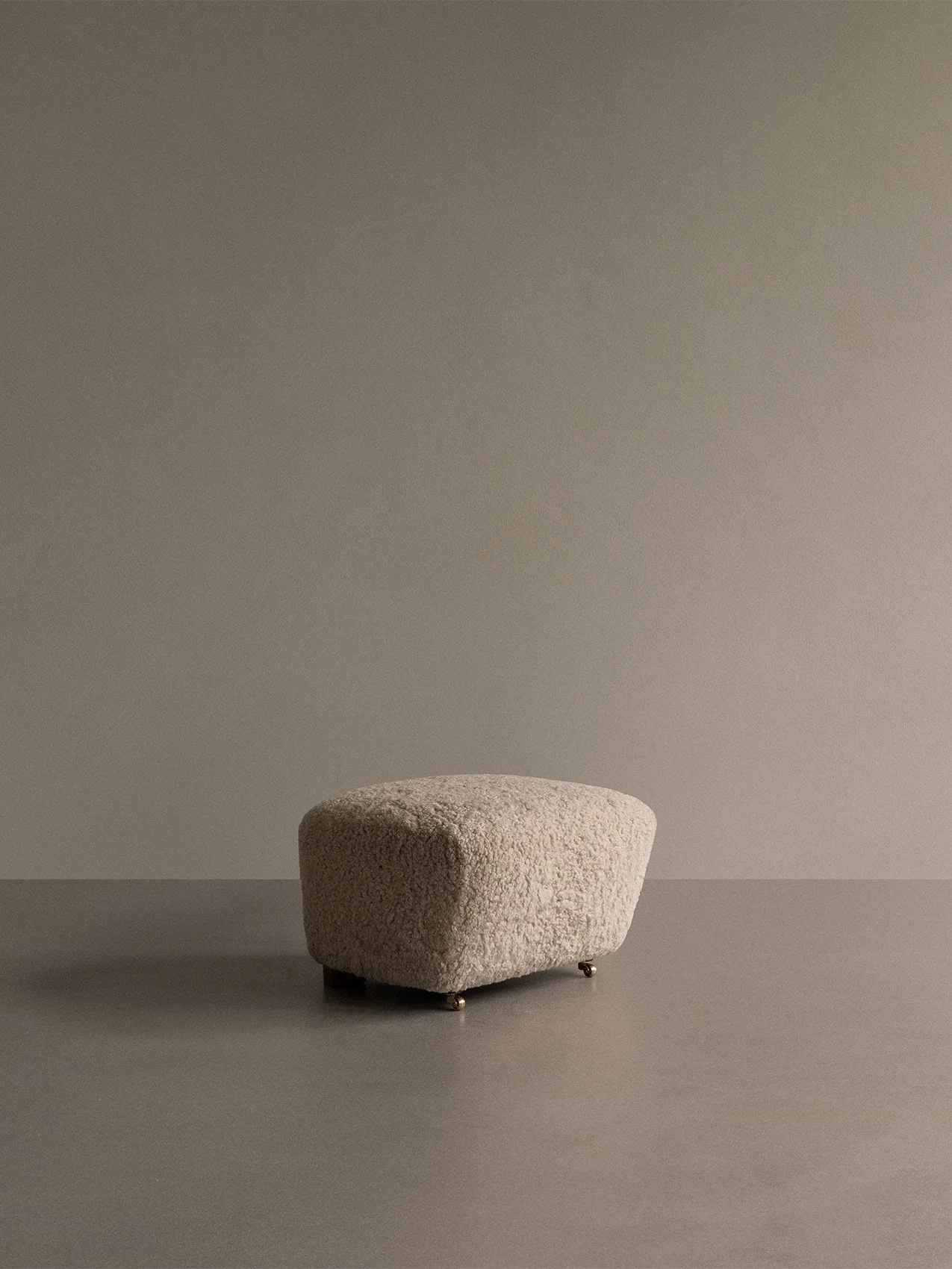 Sheepskin & Oak Ottoman with Brass Casters for Living Room