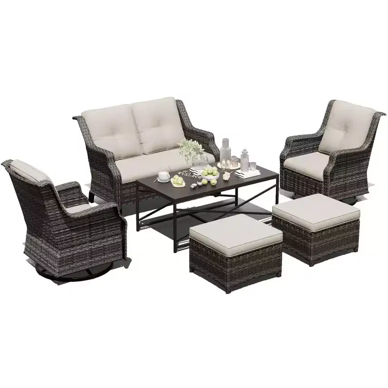 UPTIOT Outdoor Modular Set: 2-Seater Sofa, 2 Rockers, 2 Ottomans & Coffee Table for Versatile Patio