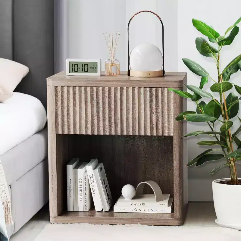 Acekool Set of 2 Modern Farmhouse Wooden Nightstands with Fluted Drawers, Large Storage Bedside End Tables for Bedroom and Living Room