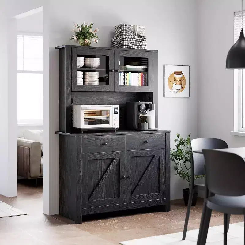 Kitchen Pantry Cabinet with Microwave Stand, Freestanding Hutch Cabinet with Buffet Cupboard, Tall Storage Cabinets for Kitchen, Dining Room
