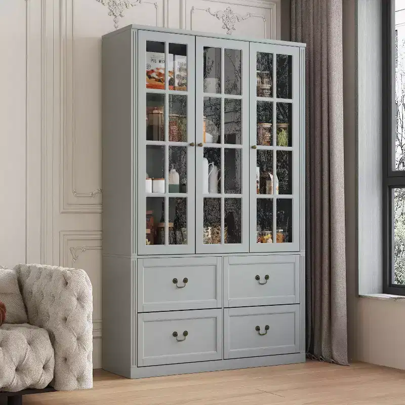 Glass Door Display Cabinet with 4 Drawers, 8 Shelves & Adjustable Interior, Light Gray – 47.2
