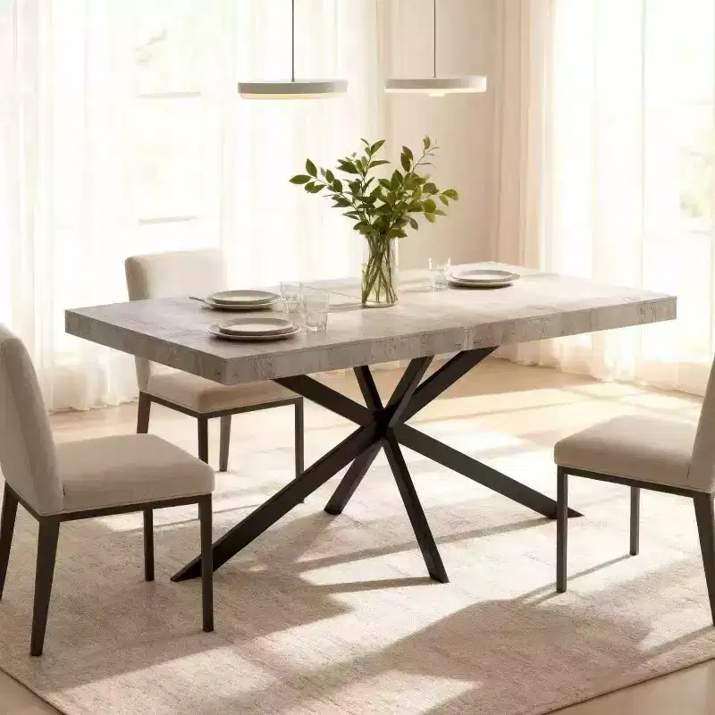 Extendable Rectangular Dining Table with Contrast Panel and Metal Base