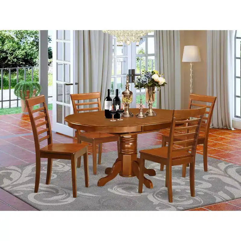 5-Piece Oval Dining Table Set with 4 Chairs, Saddle Brown Finish