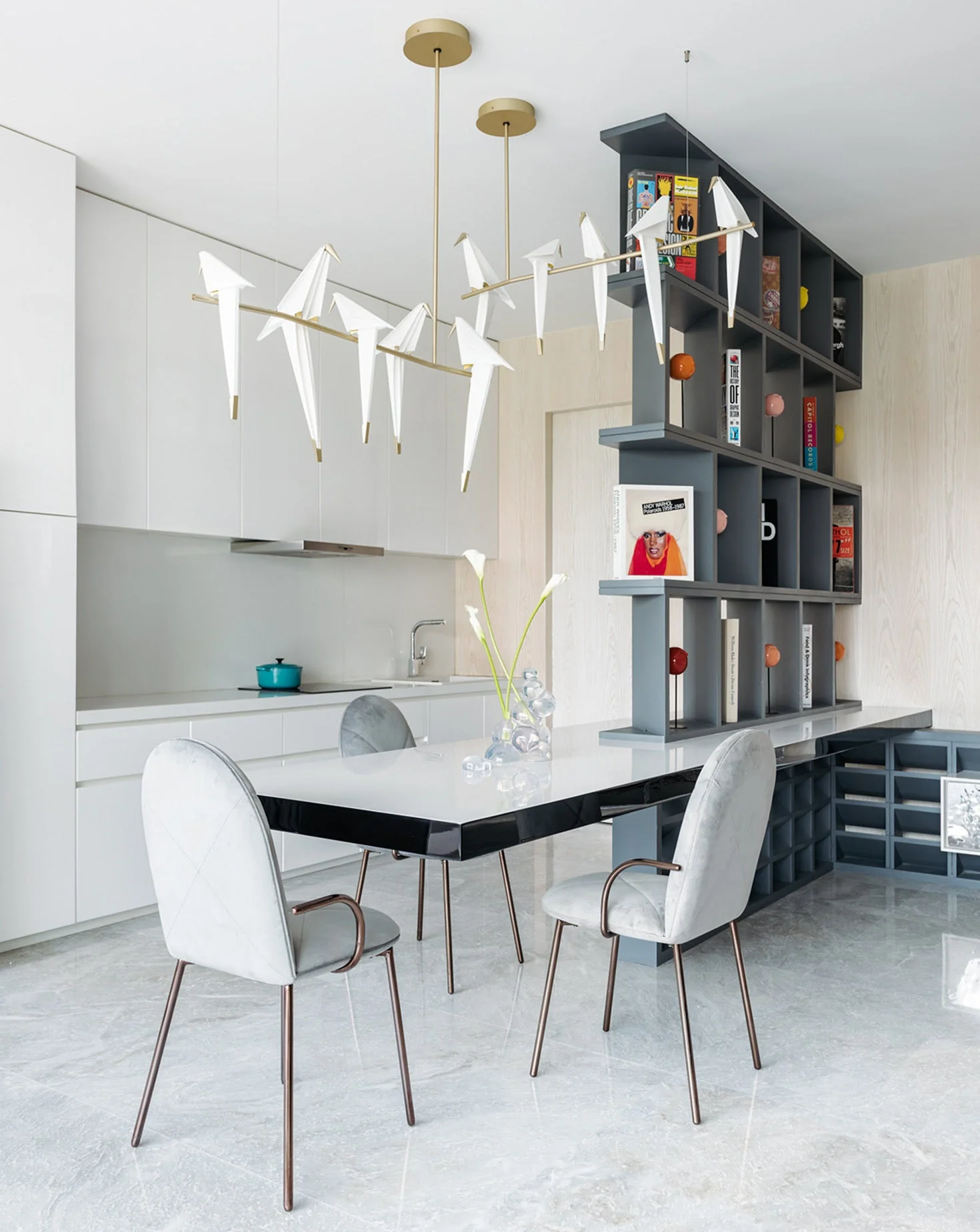 Grey Velvet Rose-Gold Leg Sculptural Dining Chair