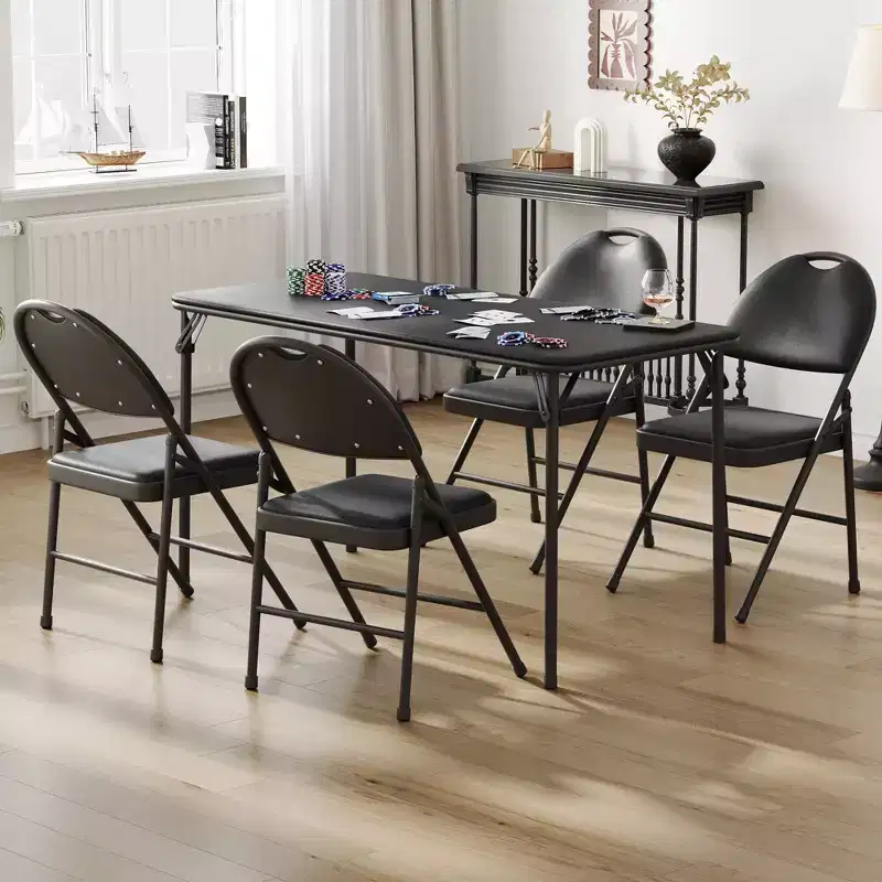 5-Piece Folding Dining Table and Chair Set, Portable PU Upholstered Card Table with 4 Padded Chairs, Heavy-Duty Metal Frame, for Dining Room, Camping
