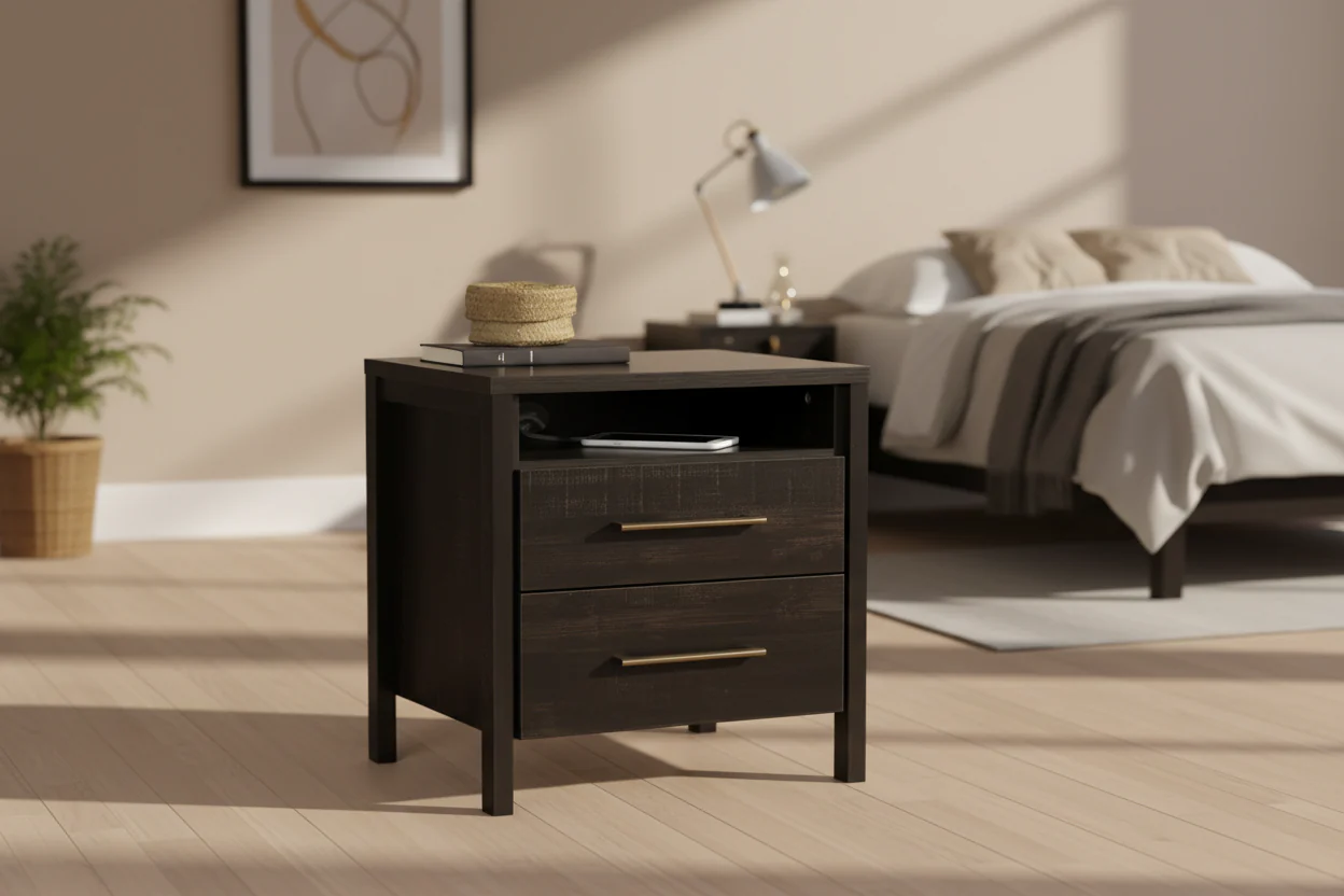 2-Drawer Bedroom Nightstand in Rubbed Black Finish with Large Storage Drawers