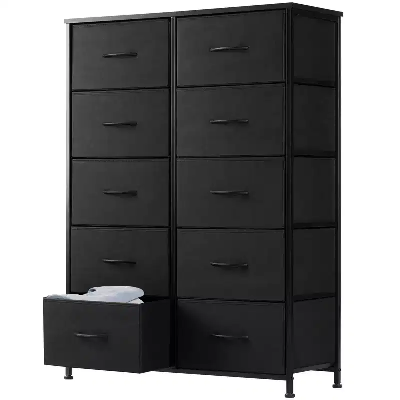 10-Drawer Vertical Dresser - 31.4'' Wide Rustic Fabric Storage Chest for Bedroom/Nursery, Steel Frame