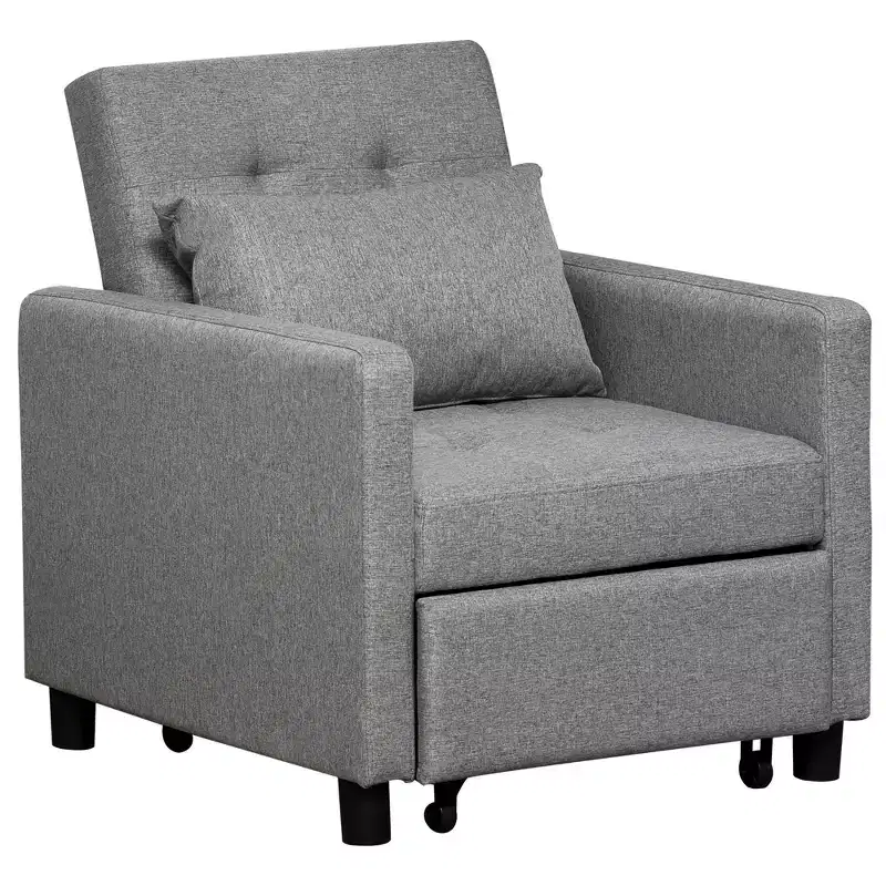 HOMCOM Convertible Sofa Lounger Chair Bed Multi-Functional Sleeper Recliner with Tufted Upholstered Fabric, Adjustable Angle Backrest, Pillow, Gray