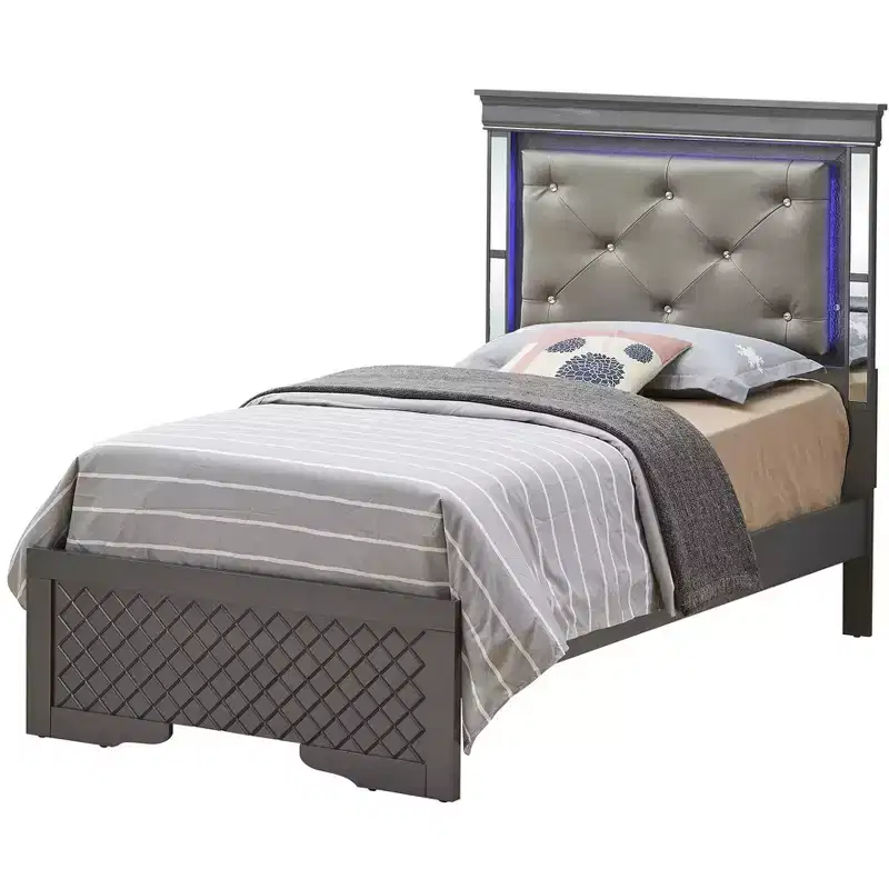 Twin Panel Bed with LED Headboard | Tufted Leather, Embossed Wood Finish