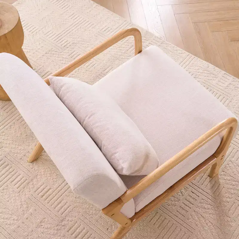 Modern Upholstered Accent Chair with Lumbar Pillow, Relaxing Armchair with Solid Wood Frame & Soft Cushion, Beige