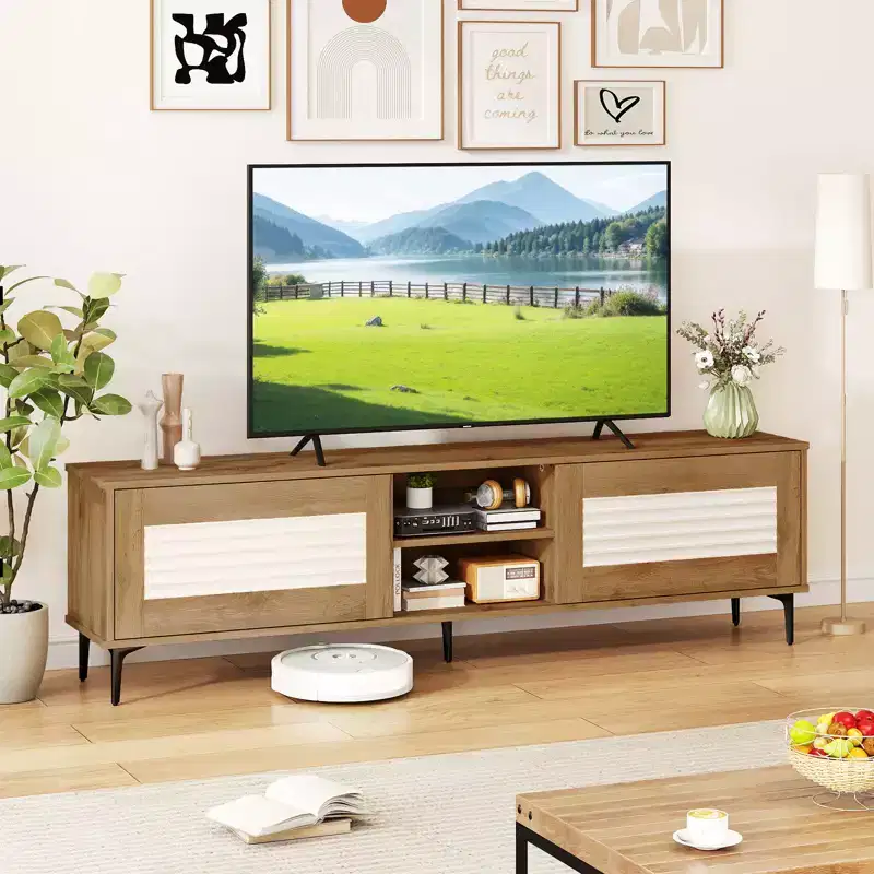 Costway TV Stand w/2 Storage Cabinets & Open Shelves Cable Hole for TVs up to 70''