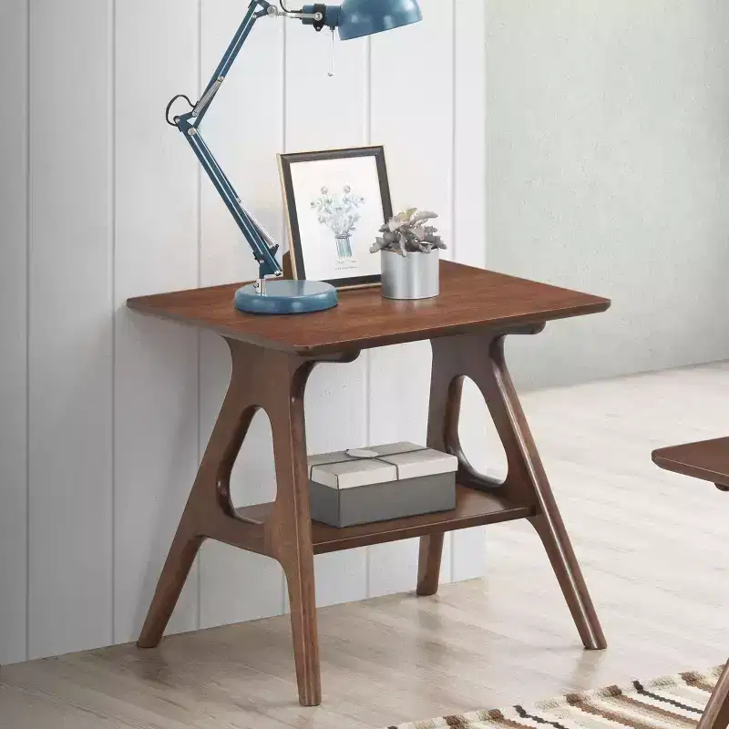 Mid-Century End Table with Rubberwood Legs, Side Table with Bottom Shelf, Narrow Side Table for Small Space, Living Room, Brown