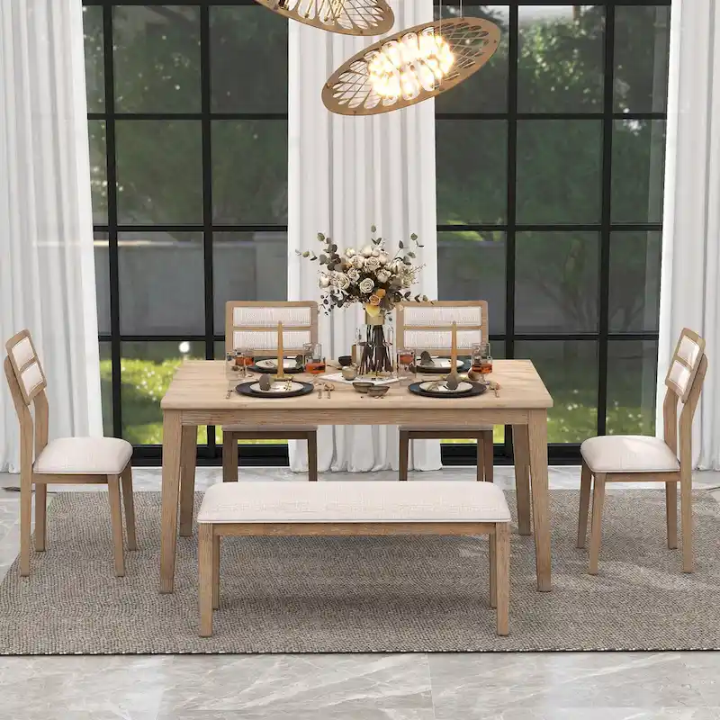 6-Piece Wooden Dining Table Set with 4 Chairs & Bench