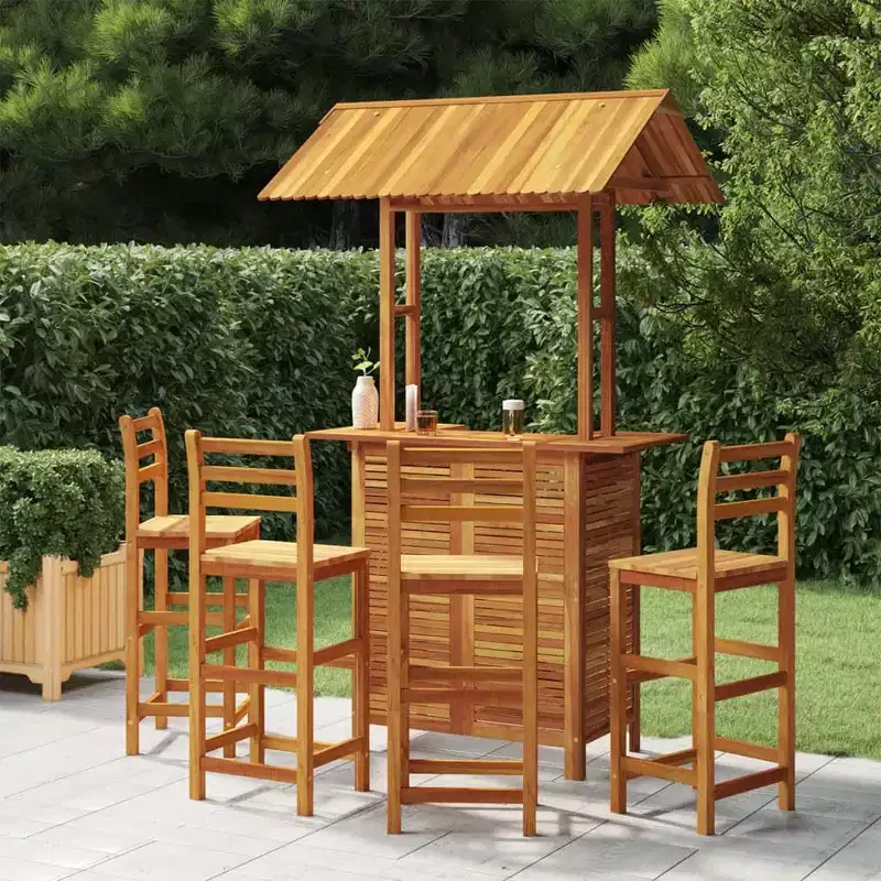 vidaXL 5-Piece Acacia Wood Patio Bar Set  High-Top Outdoor Table with Rooftop and 4 Stools for Garden, Terrace, Brown Finish