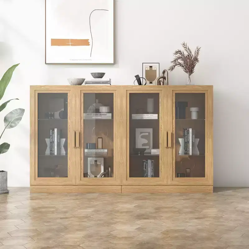 36 in Wood Storage Cabinet with 2 Glass Doors and Adjustable Shelf, for Kitchen, Bedroom, Living Room, Natural