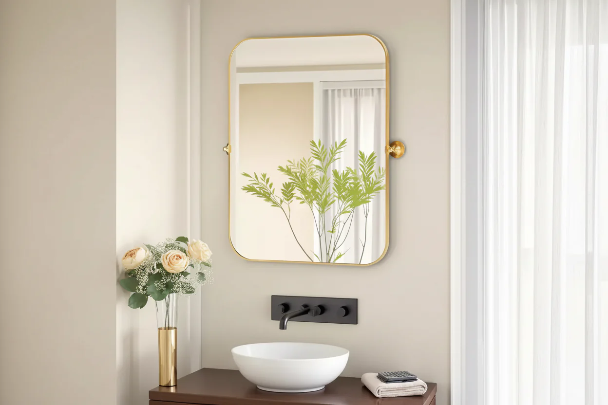 Iron Round Corner Rectangular Gold Metal Hanging Mirror 91x61x4cm