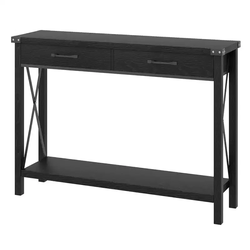 31 Console Table, Industrial Style Console Table with Drawers and Open Storage Shelves, 2-tiered Narrow Sofa Table, Entryway Hallway Table