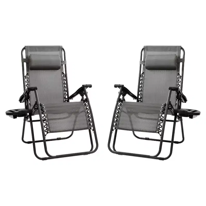 Merrick Lane Set of 2 Folding Mesh Upholstered Zero Gravity Chair with Removable Pillow and Cupholder Tray