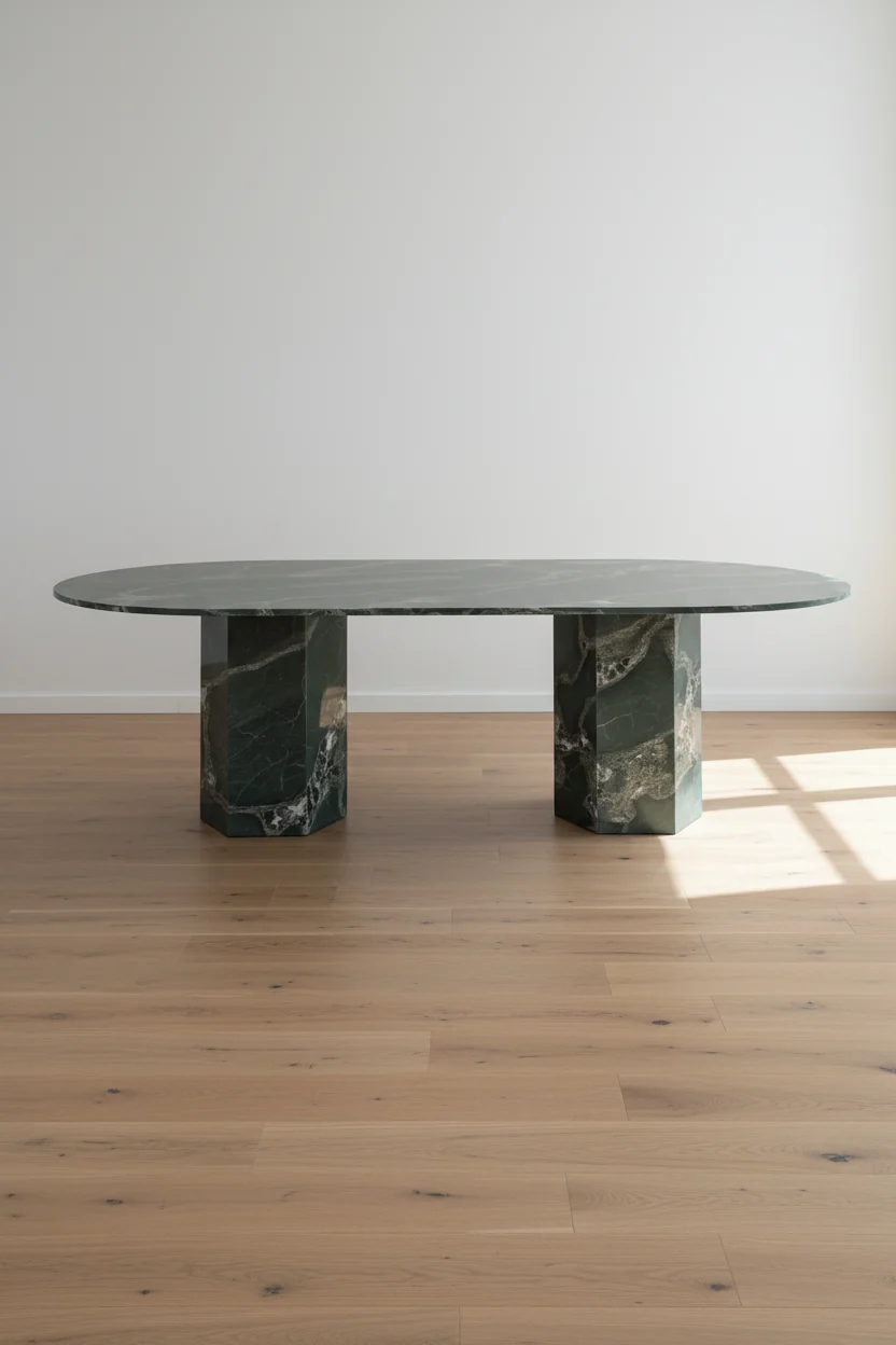 Classical Botanic Green Quartzite Outdoor Dining Table with Monolithic Base for Terrace or Garden
