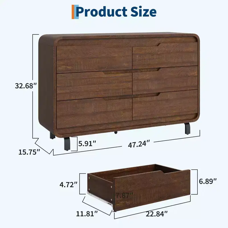 6 Drawers Dresser for Bedroom, 47 Wide Modern Wooden Clothes Dresser with Large Wood Storage, Chest of Drawers for Living Room, Hallway