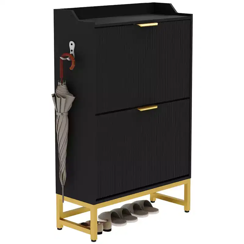 Fluted Shoe Cabinet with 2 Flip Drawers, Slim Modern Shoe Rack with Metal Legs