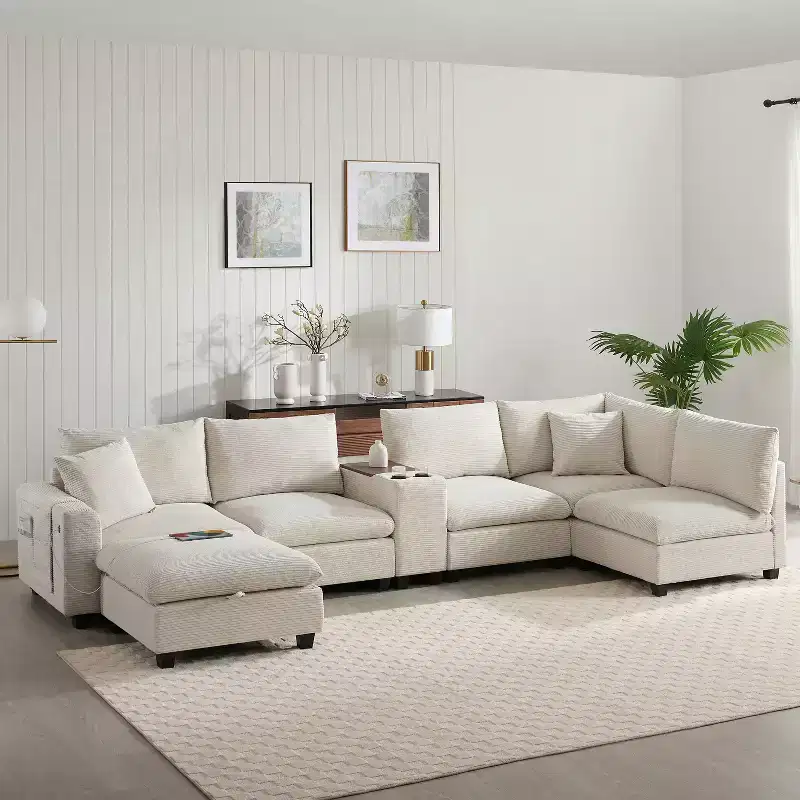 Whisen Chenille Sectional Sofa & Comfy Cloud Couch Set with Drop-Down Table, Cup Holders, Storage Armrest