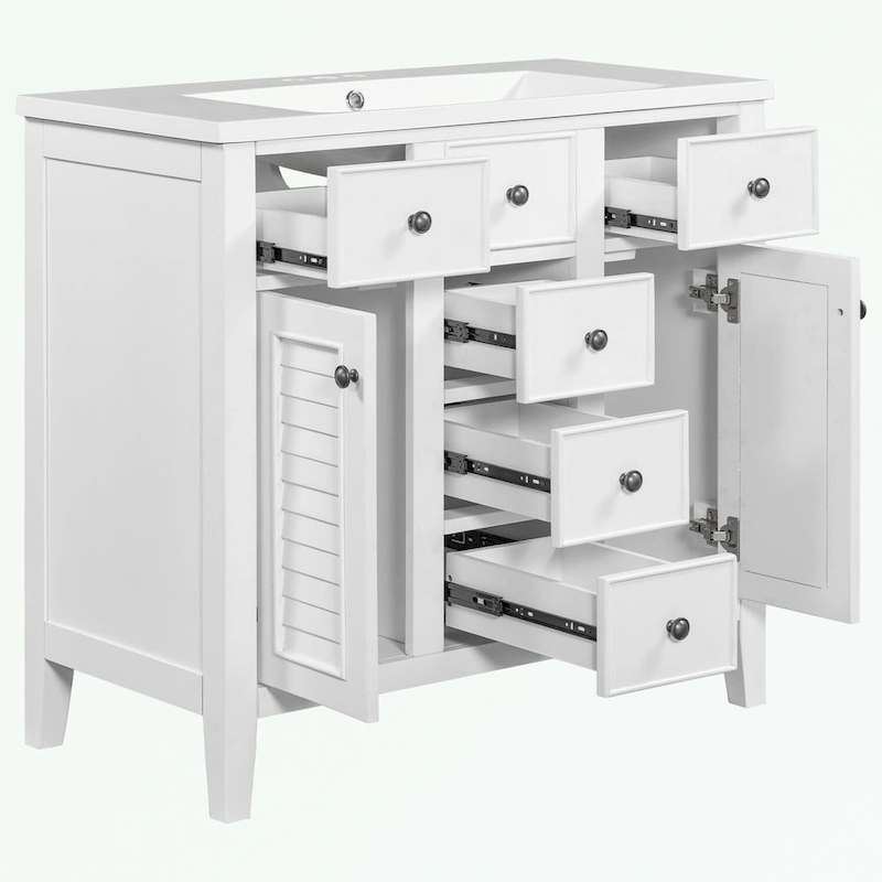Bathroom Vanity with Ceramic Basin, Two Cabinets and Five Drawers
