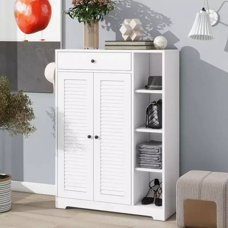 Ventilated Shoe Cabinet with 3 Flip Doors & Adjustable Shelves, Freestanding Wooden Shoe Organizer with Anti-Tip Device for Entryway