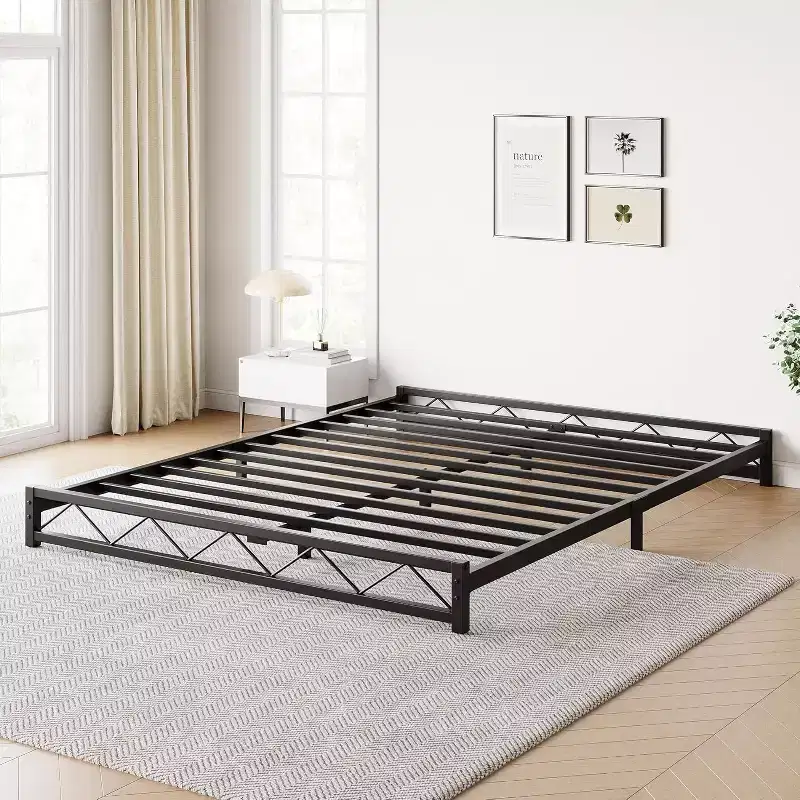 Wave Design Metal Platform Bed Frame with Steel Slats, No Box Spring Needed