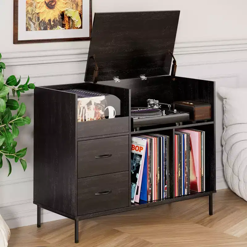 Flip-Top Turntable Stand with Vinyl Record Storage and Dual Power Outlets, Black