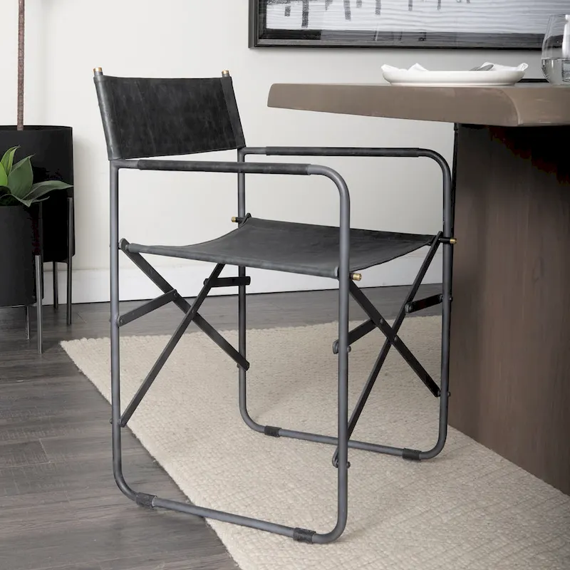 Direttore Black Genuine Leather Seat With Black Iron Frame Dining Chair - 19.7W x 21.7D x 33H