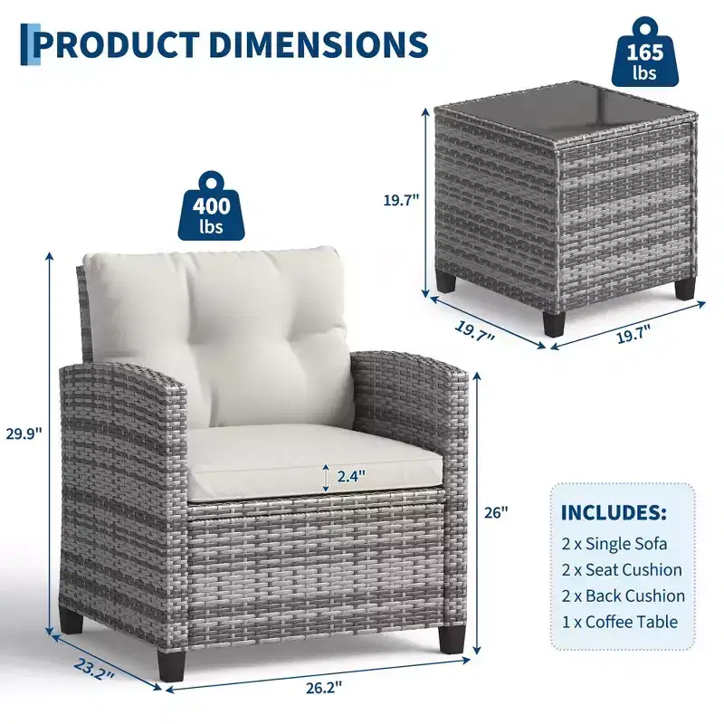 3 Piece PE Rattan Patio Furniture Set, Outdoor Chairs and Table Set with Tempered Glass Tabletop and Cushions, Patio Conversation Set for Balcony